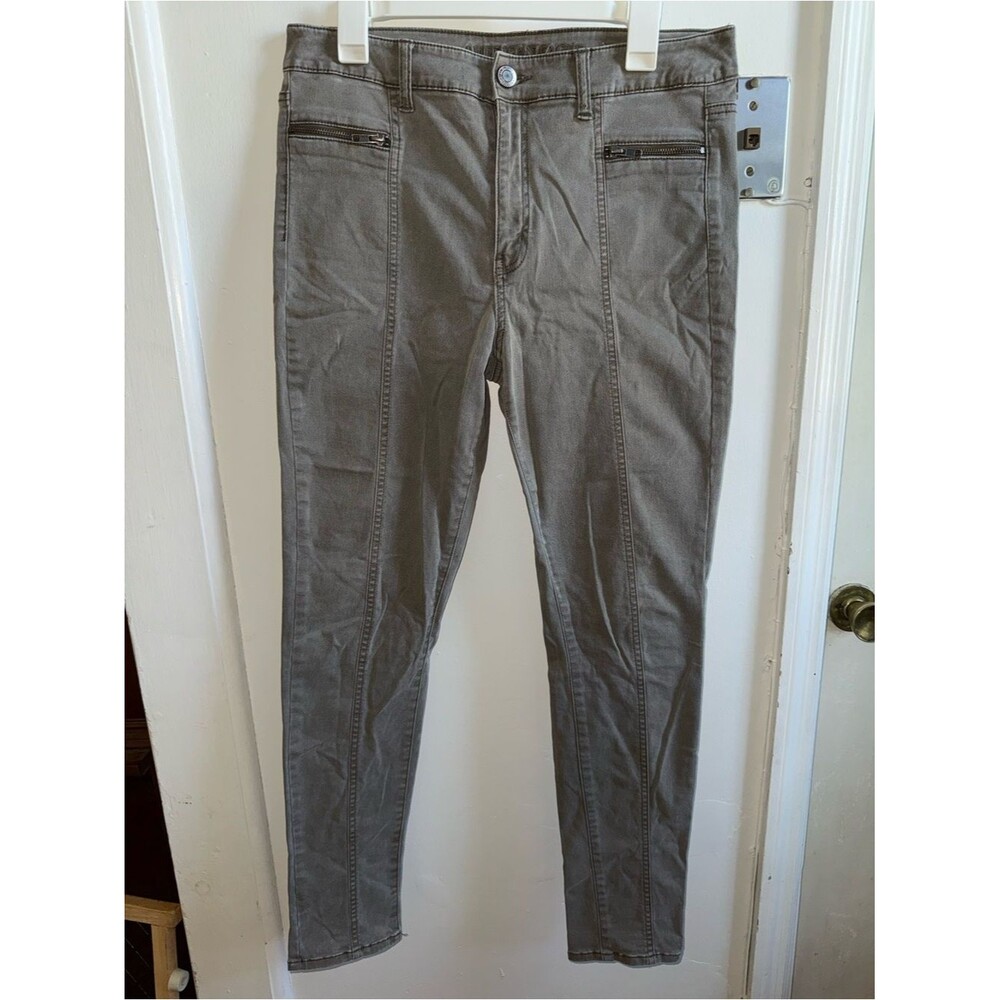 American Eagle Hi-Rise Jegging Size 12 Olive Brown Moto Front Zip Seam Pants